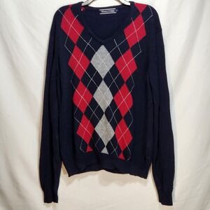 Woolovers Mens Pure Lambswool Vee Neck Argyle Size Medium Navy/Red Pullover Prep